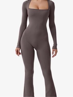 Square Neck Long Sleeve Jumpsuit in Taupe